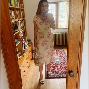 90s Vintage Maggy London 100% Silk Pink Floral Cream Midi A-Line Dress